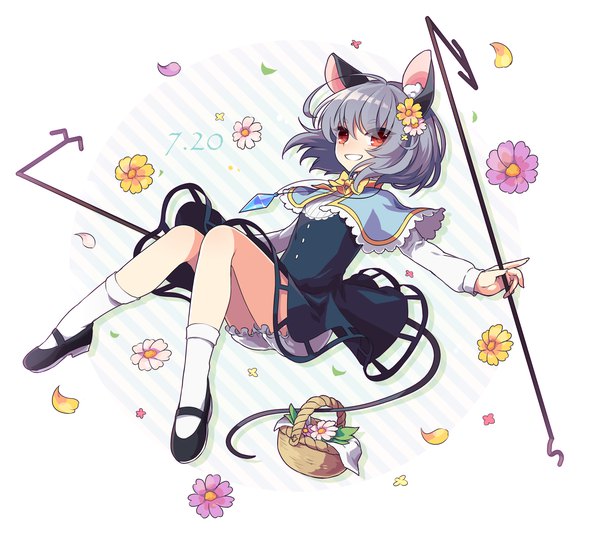 Anime picture 2800x2500 with touhou nazrin kozakura (dictionary) single looking at viewer fringe highres short hair open mouth light erotic simple background smile hair between eyes red eyes white background holding animal ears full body ahoge bent knee (knees)