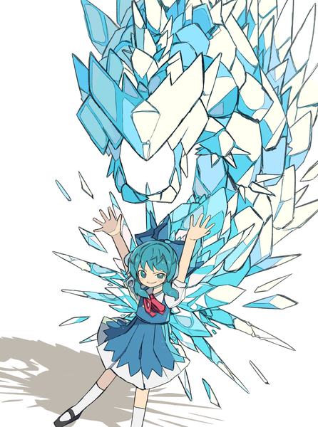 Anime picture 3538x4760 with touhou cirno neruzou single tall image highres short hair simple background smile standing white background absurdres full body aqua eyes from above aqua hair arms up shadow grin magic