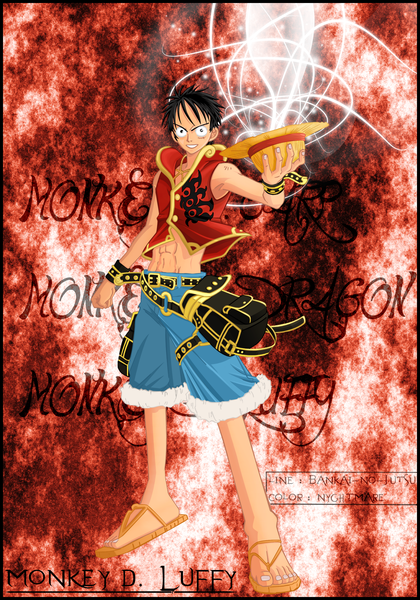 Anime picture 1400x2000 with one piece toei animation monkey d. luffy dark-nyghtmare single tall image short hair black hair smile black eyes inscription coloring magic scar muscle boy hat shorts belt straw hat