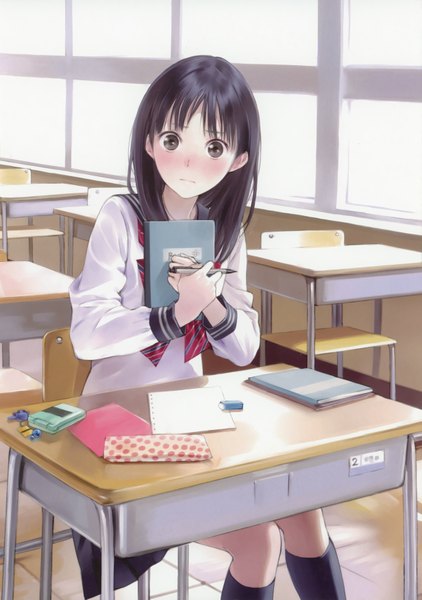 Anime-Bild 2461x3497 mit original fruits gift (artbook) kishida mel single tall image blush highres black hair brown eyes classroom girl thighhighs uniform black thighhighs serafuku window desk phone pen notebook