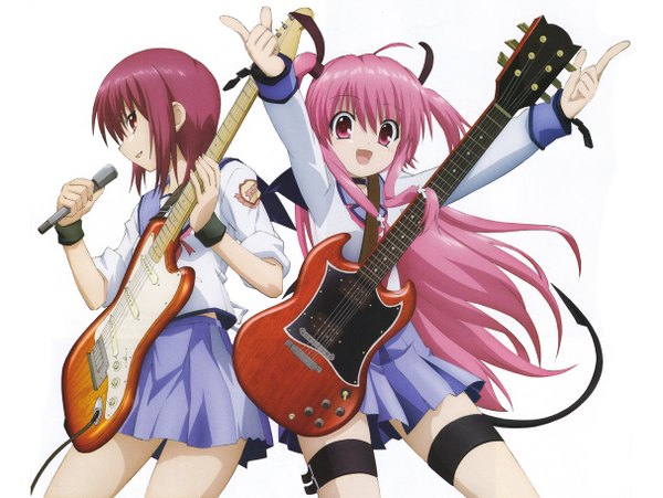 Anime picture 1213x912 with angel beats! key (studio) yui (angel beats!) iwasawa masami long hair short hair multiple girls pink hair pink eyes two side up girl 2 girls serafuku microphone guitar