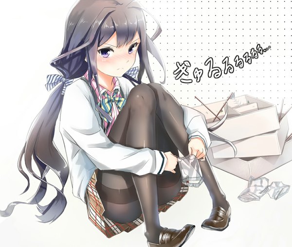 Anime picture 1180x1000 with masamune-kun no revenge silver link adagaki aki lamchun (2006) single long hair looking at viewer blush fringe light erotic sitting purple eyes twintails pleated skirt low twintails plaid skirt angry plaid knees touching dark hair