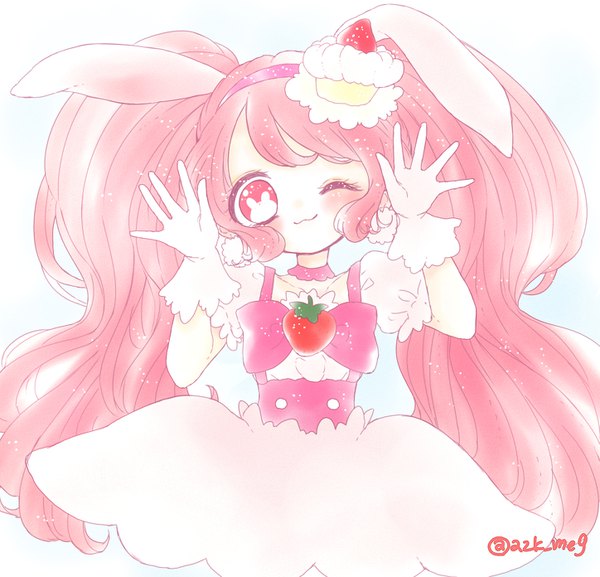 Anime picture 1447x1392 with precure kirakira precure a la mode toei animation usami ichika cure whip meg (artist) single long hair looking at viewer twintails signed animal ears pink hair head tilt one eye closed pink eyes wink bunny ears puffy sleeves twitter username