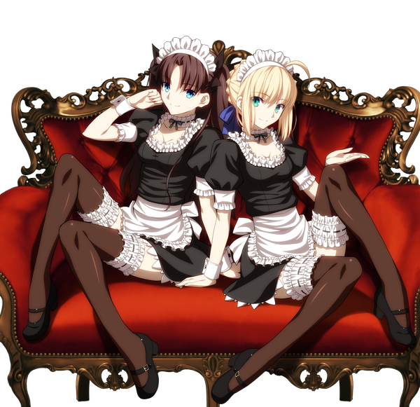 Anime picture 5039x4882 with fate (series) fate/stay night type-moon artoria pendragon (all) saber toosaka rin takeuchi takashi long hair looking at viewer highres blonde hair brown hair multiple girls green eyes absurdres ahoge official art maid transparent background girl