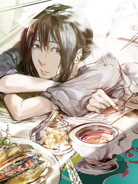 Anime picture 1200x1600 with original ymmt single long hair tall image looking at viewer black hair black eyes reclining girl food table cup spoon sugar