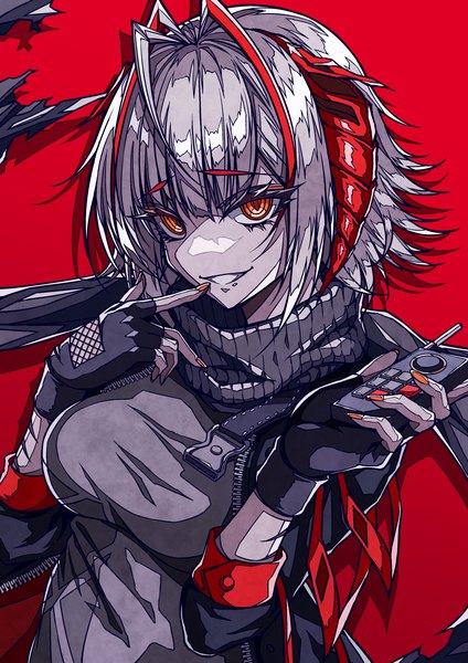 Anime-Bild 2480x3508 mit arknights w (arknights) shokikanes single tall image looking at viewer highres short hair simple background smile red eyes silver hair upper body nail polish horn (horns) grin finger to mouth red background girl gloves