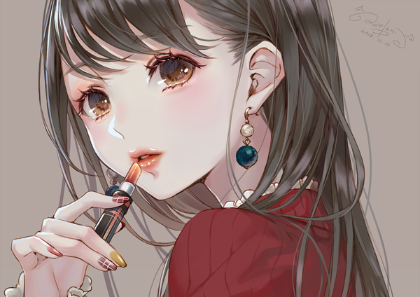 Anime picture 1000x707 with original ao+beni single long hair looking at viewer blush fringe black hair simple background holding brown eyes signed upper body nail polish parted lips fingernails lips grey background lipstick dated