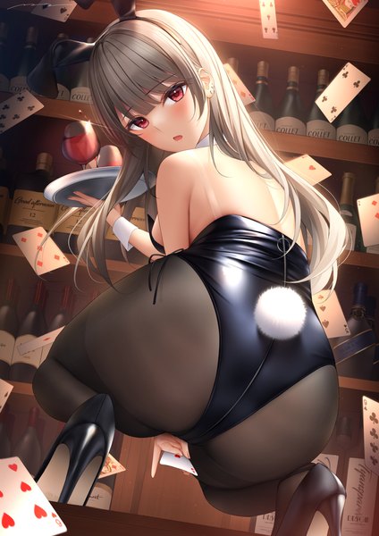 Anime picture 926x1310 with original mhru single long hair tall image looking at viewer blush fringe breasts open mouth light erotic red eyes animal ears full body ass indoors tail blunt bangs animal tail looking back