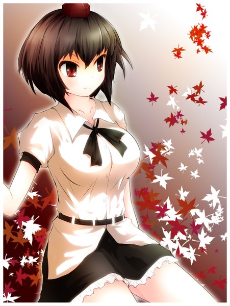 Anime picture 1000x1331 with touhou shameimaru aya niroku single tall image short hair black hair red eyes girl skirt hat miniskirt shirt leaf (leaves)
