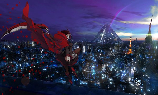 Anime picture 2450x1476 with rwby rooster teeth ruby rose kingmertel (merlijn) single looking at viewer fringe highres short hair black hair wide image cloud (clouds) looking back sunlight night grey eyes night sky city cityscape jumping