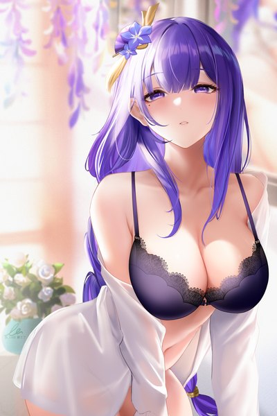 Anime picture 4000x6000 with genshin impact raiden shogun liu liaoliao single long hair tall image looking at viewer blush fringe highres light erotic standing purple eyes signed absurdres purple hair braid (braids) parted lips hair flower off shoulder