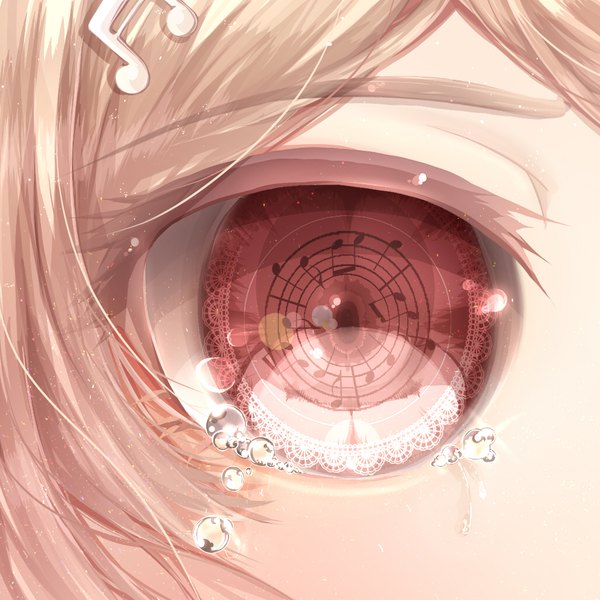 Anime-Bild 1024x1024 mit dangan ronpa new danganronpa v3 akamatsu kaede meiya (dia douya) single looking at viewer short hair blonde hair red eyes tears lens flare close-up girl hair ornament hairclip lace musical note