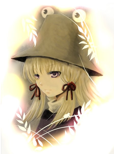 Anime picture 1362x1826 with touhou moriya suwako socha single tall image short hair blonde hair purple eyes portrait girl hat