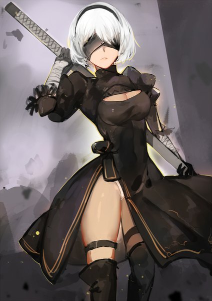 Anime picture 1000x1414 with nier nier:automata yorha no. 2 type b wujia xiaozi single tall image fringe short hair breasts open mouth light erotic large breasts holding white hair lips grey background side slit serious blindfold girl