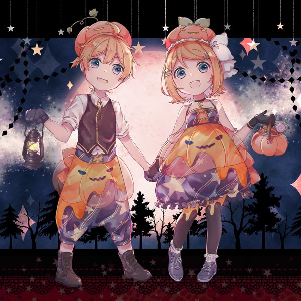 Anime picture 1400x1400 with vocaloid kagamine rin kagamine len sazanami (ripple1996) fringe short hair open mouth blue eyes blonde hair hair between eyes standing full body :d holding hands halloween siblings twins brother and sister girl boy