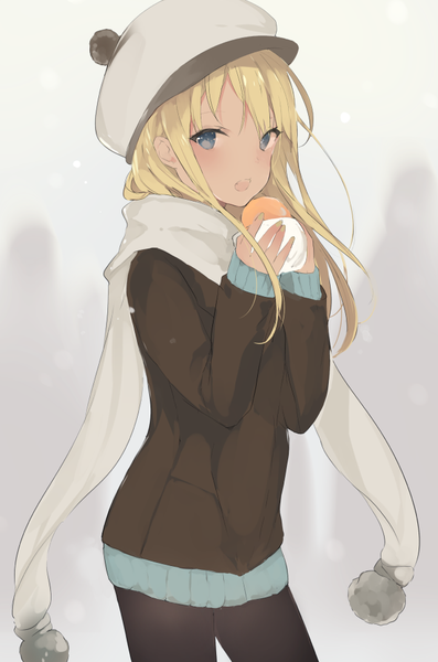 Anime picture 640x966 with original lpip single long hair tall image looking at viewer fringe open mouth blonde hair hair between eyes standing holding long sleeves grey eyes eating girl headdress scarf sweater pom pom (clothes)