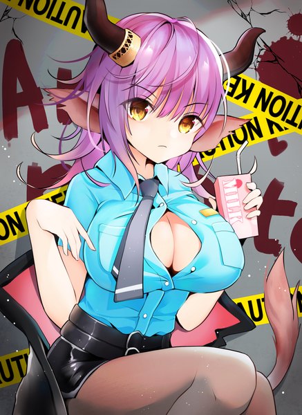 Anime picture 1860x2552 with arknights sideroca (arknights) ciyuan zhi xi single long hair tall image looking at viewer fringe highres breasts light erotic hair between eyes sitting holding animal ears yellow eyes cleavage purple hair ahoge horn (horns)