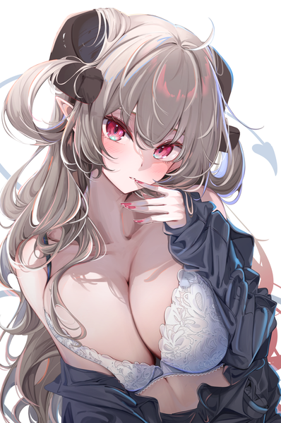 Anime picture 2650x3999 with original noa (komupi) komupi1013 single long hair tall image looking at viewer blush fringe highres breasts light erotic simple background hair between eyes red eyes large breasts white background upper body ahoge tail