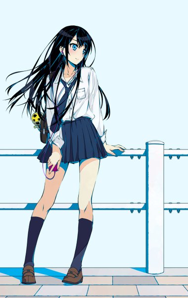 Anime picture 950x1500 with original murakami suigun single long hair tall image blush fringe blue eyes black hair simple background smile standing looking away long sleeves pleated skirt wind sunlight blue background open collar girl