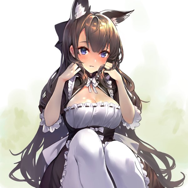 Anime picture 5000x5000 with azur lane amagi (azur lane) ghost cc single long hair looking at viewer blush fringe highres breasts blue eyes light erotic simple background brown hair large breasts sitting animal ears absurdres cleavage parted lips
