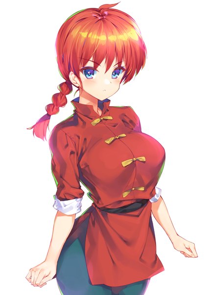 Anime picture 715x1000 with ranma 1/2 saotome ranma saotome ranma (girl) bucchake (asami) single long hair tall image looking at viewer blush blue eyes simple background standing white background red hair braid (braids) traditional clothes single braid chinese clothes girl