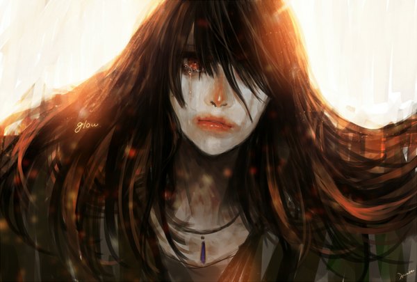 Anime-Bild 1000x675 mit original totsu hon (artist) single long hair looking at viewer fringe red eyes brown hair signed sunlight hair over one eye inscription tears face crying girl pendant jewelry