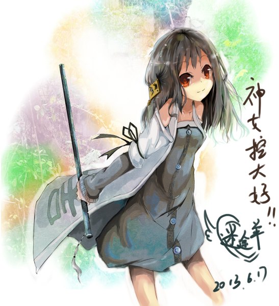 Anime picture 2480x2716 with original mitu yang single long hair tall image looking at viewer highres black hair smile bare shoulders brown eyes signed girl dress hair ornament polearm