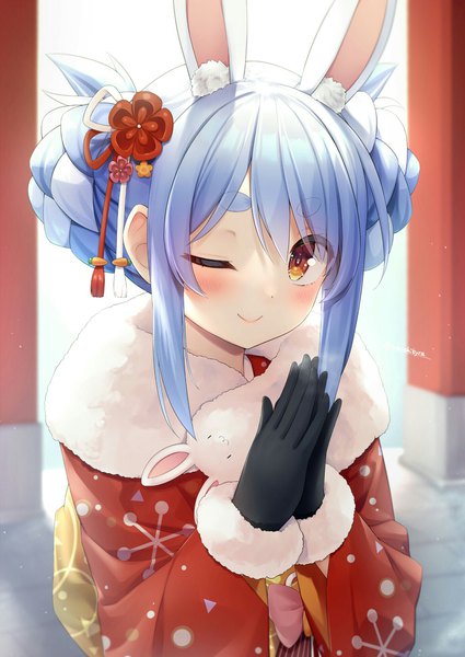 Anime picture 1376x1942 with virtual youtuber hololive usada pekora don-chan (usada pekora) usada pekora (2nd costume) tokoshibyra single long hair tall image looking at viewer blush smile animal ears blue hair upper body traditional clothes japanese clothes one eye closed hair bun (hair buns) bunny ears
