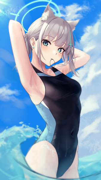 Anime picture 2368x4209 with blue archive shiroko (blue archive) shiroko (swimsuit) (blue archive) smallpine 7 single tall image blush fringe highres short hair breasts blue eyes light erotic holding animal ears sky cloud (clouds) outdoors blunt bangs grey hair