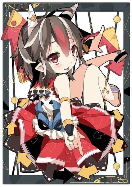 Anime picture 708x1000 with touhou kijin seija chitetan single tall image looking at viewer blush short hair black hair red eyes bare shoulders multicolored hair horn (horns) pointy ears streaked hair spread arms framed oni horns pointing girl