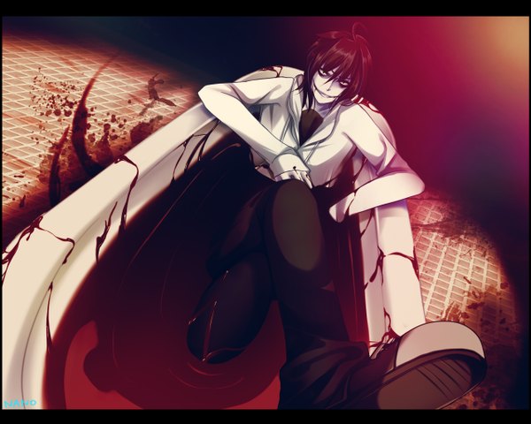 Anime picture 1280x1024 with creepypasta jeff the killer gatanii69 single looking at viewer fringe short hair black hair simple background smile sitting bent knee (knees) black eyes letterboxed white skin bloody clothes blood stains crazy smile crazy horror