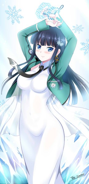 Anime picture 725x1500 with mahouka koukou no rettousei shiba miyuki the-sinner single long hair tall image looking at viewer blush fringe breasts blue eyes black hair simple background standing holding signed payot blunt bangs light smile arms up