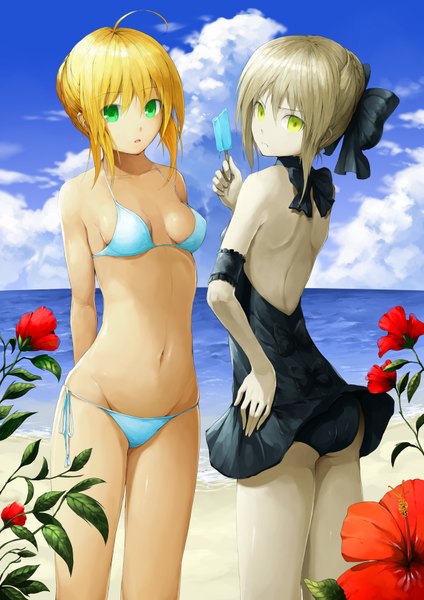 Anime picture 1240x1754 with fate (series) fate/stay night studio deen type-moon artoria pendragon (all) saber saber alter solru (tyappygain) long hair tall image looking at viewer breasts light erotic blonde hair multiple girls green eyes ahoge looking back grey hair bare belly