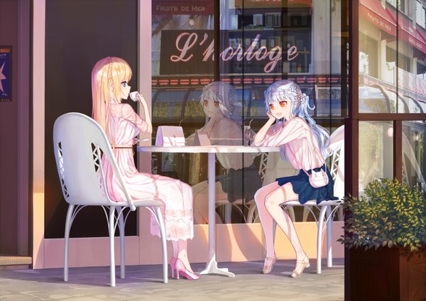 Anime picture 1600x1132 with warship girls r saratoga (warship girls r) le fantasque hoshi o mite long hair fringe blonde hair smile sitting multiple girls holding looking away silver hair full body bent knee (knees) outdoors profile pleated skirt hair flower shadow