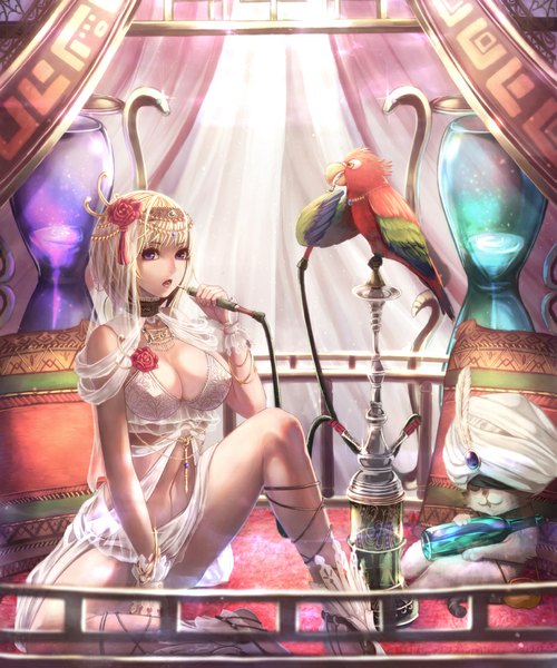 Anime picture 930x1117 with original yazuwo tall image short hair open mouth light erotic blonde hair sitting purple eyes cleavage girl navel hair ornament animal bird (birds) jewelry cat parrot