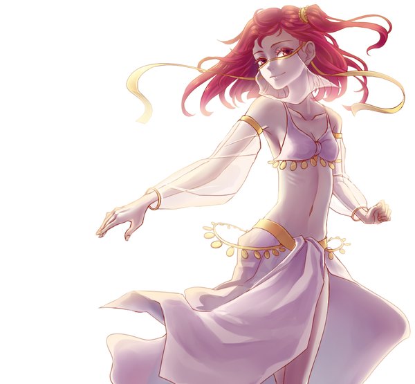 Anime picture 1080x1000 with magi the labyrinth of magic a-1 pictures morgiana yuari kim single looking at viewer short hair light erotic simple background smile red eyes standing white background bare shoulders red hair traditional clothes one side up floating hair outstretched arm girl