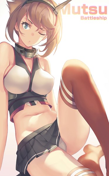 Anime picture 720x1160 with kantai collection mutsu battleship madyy single tall image short hair breasts light erotic simple background brown hair white background sitting green eyes looking away bent knee (knees) pleated skirt bare belly pantyshot no shoes character names