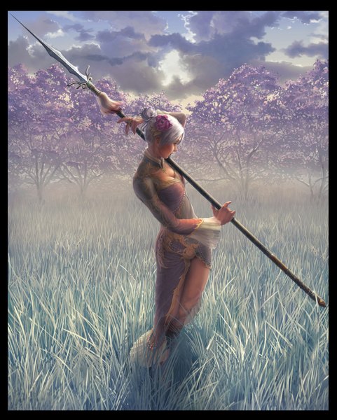Anime picture 1561x1946 with shin sangoku musou reishin single tall image highres short hair sky silver hair cloud (clouds) hair flower border chinese clothes warrior girl hair ornament plant (plants) tree (trees) grass spear