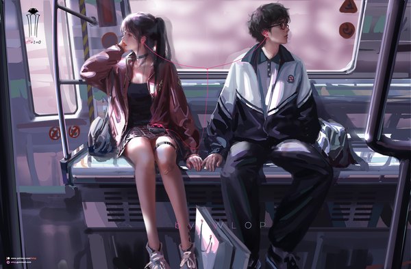 Anime picture 1992x1308 with original wlop long hair highres short hair black hair sitting signed looking away long sleeves arm up realistic open jacket couple lipstick watermark train interior formula girl boy