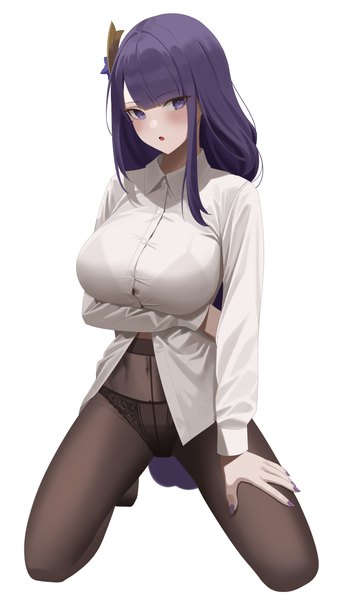 Anime picture 3000x5333 with genshin impact raiden shogun re-leaf single long hair tall image looking at viewer blush fringe highres breasts open mouth light erotic simple background large breasts white background purple eyes payot purple hair full body