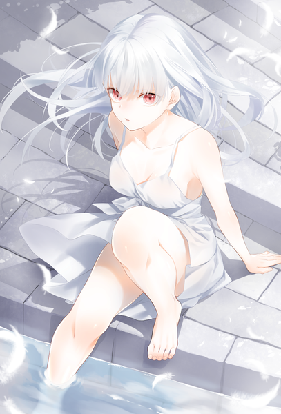 Anime picture 800x1178 with original waka (shark waka) single long hair tall image looking at viewer fringe breasts light erotic red eyes sitting cleavage silver hair outdoors barefoot from above wind pointy ears arm support pale skin