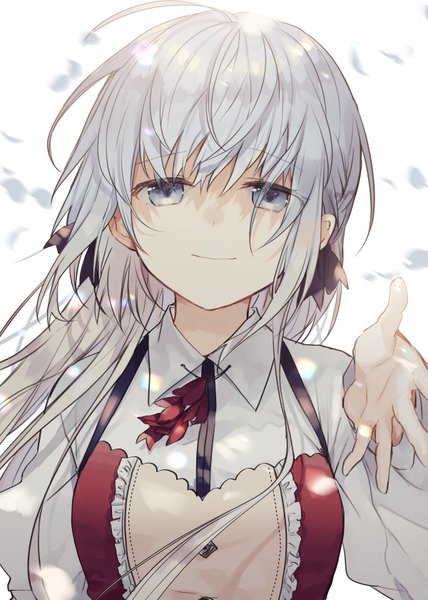 Anime picture 600x840 with shiro seijo to kuro bokushi haiselita aldridge teigi single long hair tall image fringe blue eyes upper body long sleeves light smile wind grey hair shaded face outstretched hand girl bow hair bow shirt petals