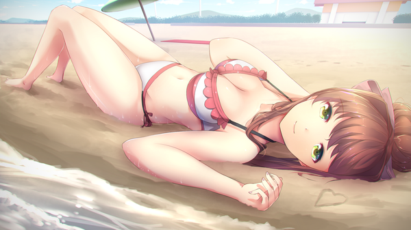 Anime picture 1920x1080 with doki doki literature club monika (doki doki literature club) tsukimaru single long hair looking at viewer highres breasts light erotic smile brown hair wide image green eyes payot lying on back hair bun (hair buns) beach girl navel