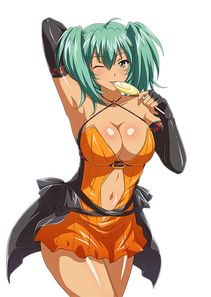 Anime picture 600x847 with ikkitousen ryofu housen single tall image looking at viewer short hair breasts light erotic white background twintails green eyes one eye closed green hair wink short twintails halloween girl dress navel food