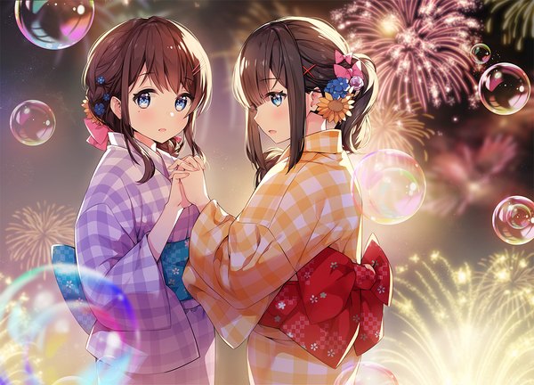 Anime picture 1200x865 with original miyawaki sana ayami (annahibi) long hair looking at viewer blush fringe open mouth blue eyes brown hair standing multiple girls payot ponytail traditional clothes japanese clothes profile hair flower night mole