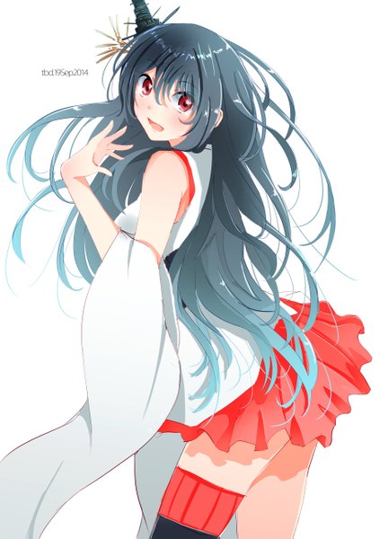 Anime picture 1872x2600 with kantai collection fusou battleship tebi (tbd11) single long hair tall image looking at viewer blush fringe highres open mouth black hair simple background smile red eyes signed traditional clothes japanese clothes pleated skirt looking back