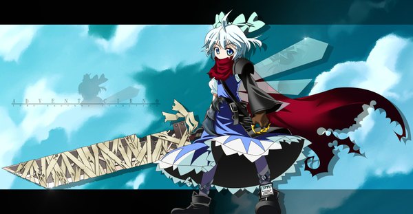 Anime picture 1874x974 with touhou final fantasy final fantasy vii square enix cirno looking at viewer highres blue eyes wide image cloud (clouds) cosplay cloud strife (cosplay) girl bow weapon hair bow cape huge weapon huge sword