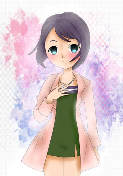 Anime picture 1142x1630 with professor layton katia anderson single tall image blush short hair blue eyes smile purple hair girl dress short dress beads