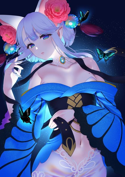 Anime picture 1468x2088 with original kohanayuki single tall image looking at viewer blush fringe short hair breasts blue eyes light erotic bare shoulders holding payot silver hair hair flower pointy ears off shoulder mole wide sleeves