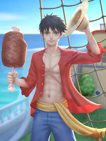 Anime picture 750x1000 with one piece toei animation monkey d. luffy gohpot single tall image looking at viewer fringe short hair black hair smile standing holding signed sky outdoors arm up lips black eyes open jacket